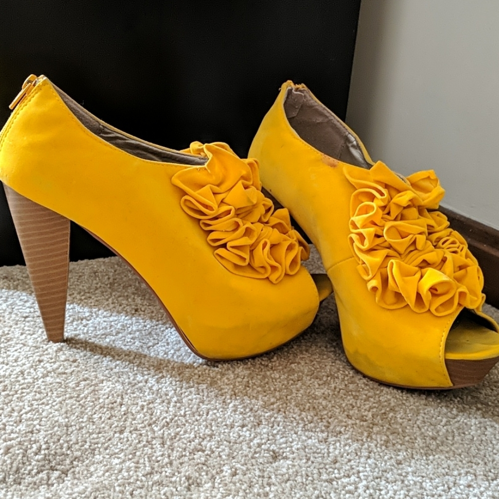 yellow velour peep toe booties
